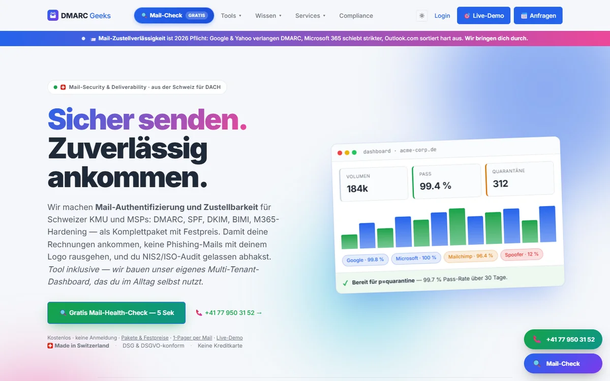 Start page of DMARC Geeks with the free mail check