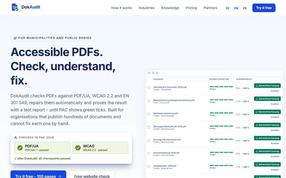 DokAudit start page: accessible PDFs, check, understand, fix