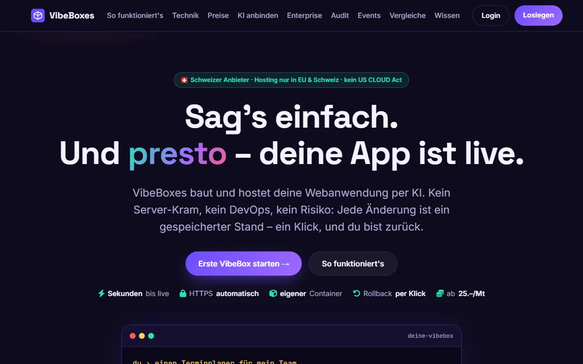 VibeBoxes start page: describe your app, AI builds it, VibeBoxes hosts it