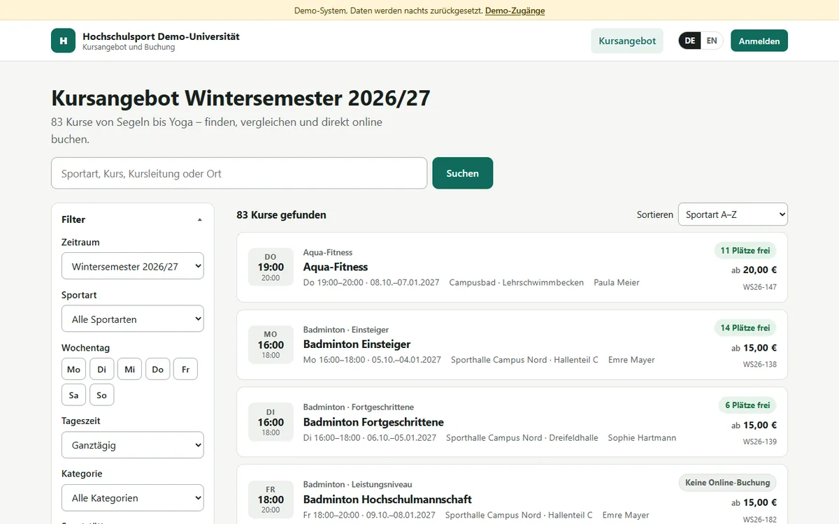 Kursbox course catalogue with search, filters and free places per course